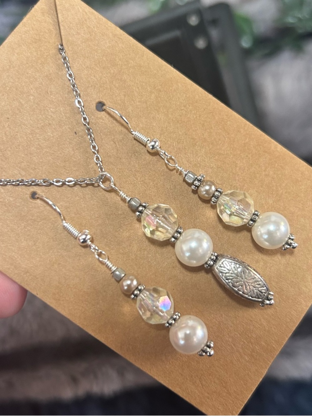 Handcrafted elegant pearl aurora borealis crystal necklace and earring set